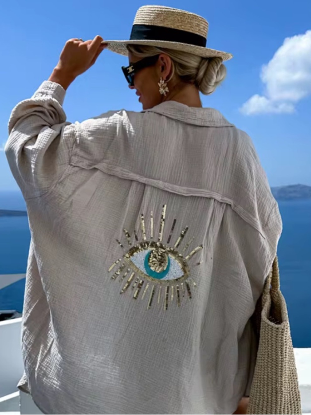 Beach Cover-Up Resort Wear Embroidered Eye design 100% Cotton Size Small